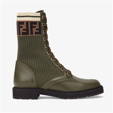 fendi rockoko leather and knitted biker boots|Fendi rockoko green boots.